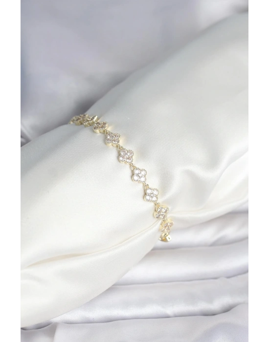 ® Zirkon Taşlı Pirinç Yonca Model Bileklik