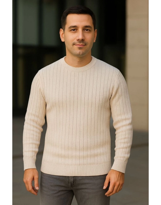 Bisiklet Yuvarlak Yaka Triko Kazak Pamuklu Kalın Fitilli Dokuma, Regular Fit Uzun Kollu Kışlık Model - Bej