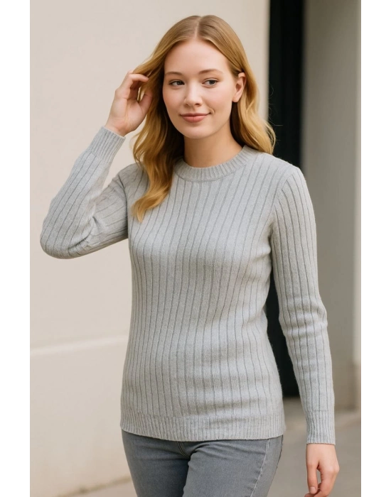 Bisiklet Yuvarlak Yaka Triko Kazak Pamuklu Kalın Fitilli Dokuma, Regular Fit Uzun Kollu Kışlık Model - Gri