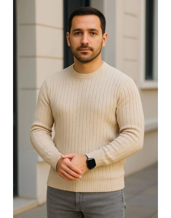 Bisiklet Yuvarlak Yaka Triko Kazak Pamuklu Kalın Fitilli Dokuma, Regular Fit Uzun Kollu Kışlık Model - Bej