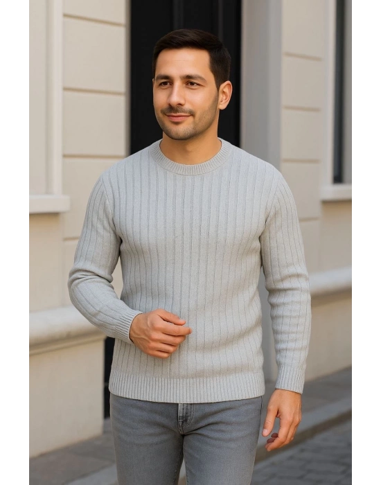 Bisiklet Yuvarlak Yaka Triko Kazak Pamuklu Kalın Fitilli Dokuma, Regular Fit Uzun Kollu Kışlık Model - Gri