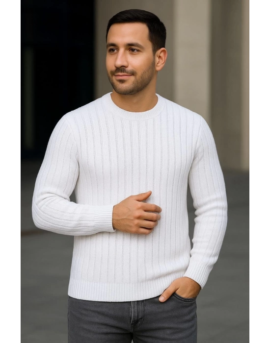 Bisiklet Yuvarlak Yaka Triko Kazak Pamuklu Kalın Fitilli Dokuma, Regular Fit Uzun Kollu Kışlık Model - Beyaz