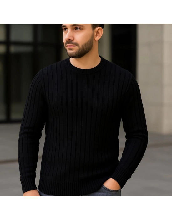 Bisiklet Yuvarlak Yaka Triko Kazak Pamuklu Kalın Fitilli Dokuma, Regular Fit Uzun Kollu Kışlık Model - Siyah