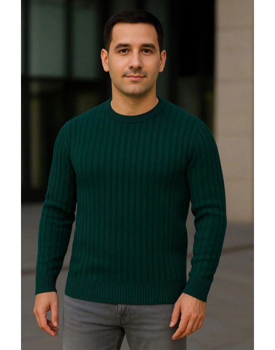 Bisiklet Yuvarlak Yaka Triko Kazak Pamuklu Kalın Fitilli Dokuma, Regular Fit Uzun Kollu Kışlık Model - Haki