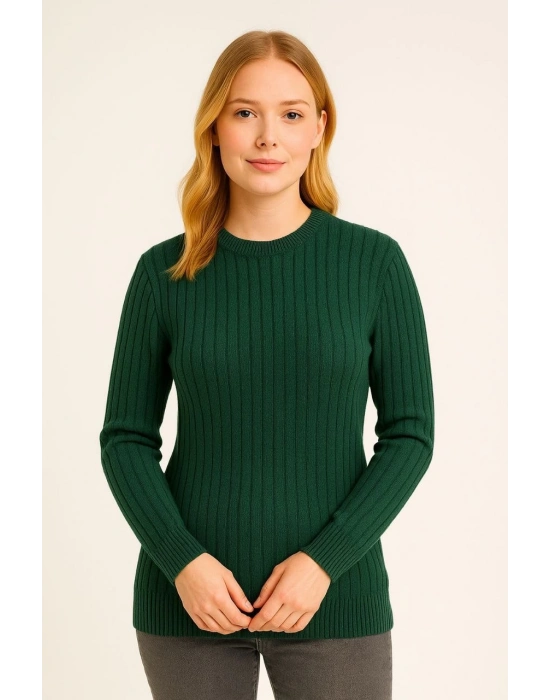 Bisiklet Yuvarlak Yaka Triko Kazak Pamuklu Kalın Fitilli Dokuma, Regular Fit Uzun Kollu Kışlık Model - Haki