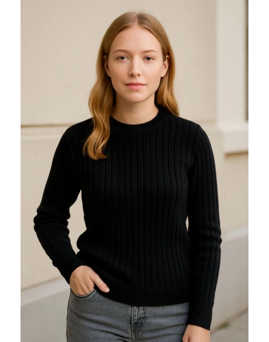 Bisiklet Yuvarlak Yaka Triko Kazak Pamuklu Kalın Fitilli Dokuma, Regular Fit Uzun Kollu Kışlık Model - Siyah