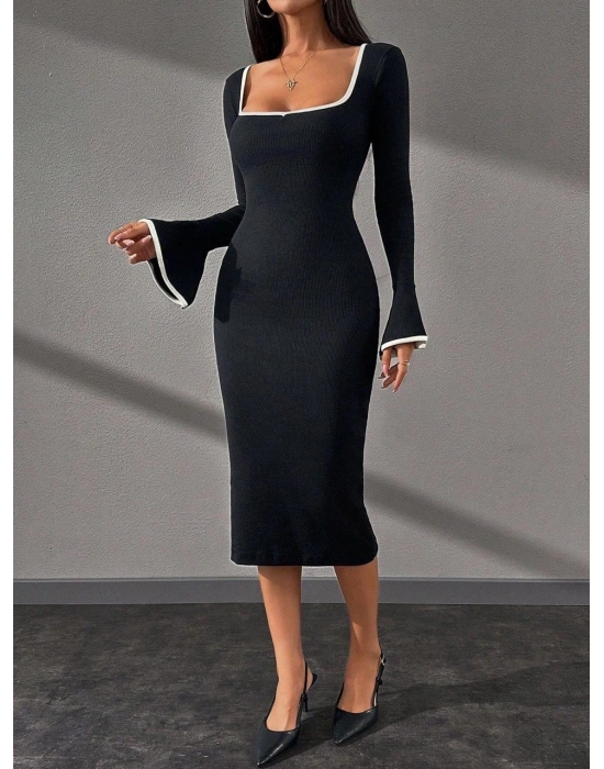 Biyeli midi boy elbise siyah A3718