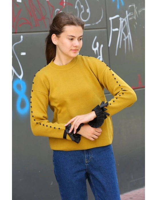 Boncuklu bile detaylı kazak hardal