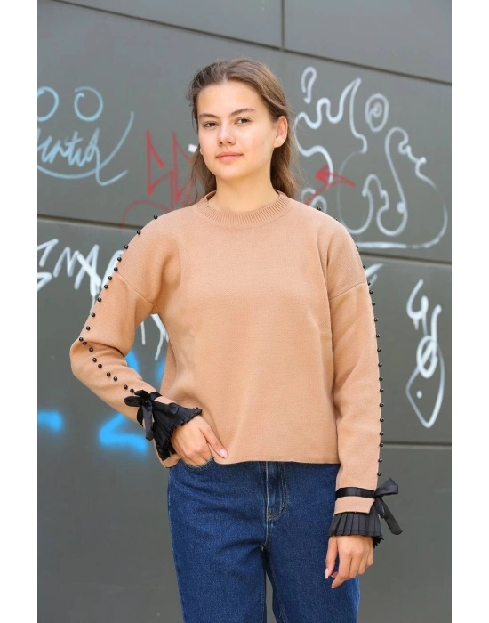 Boncuklu bile detaylı kazak vizon