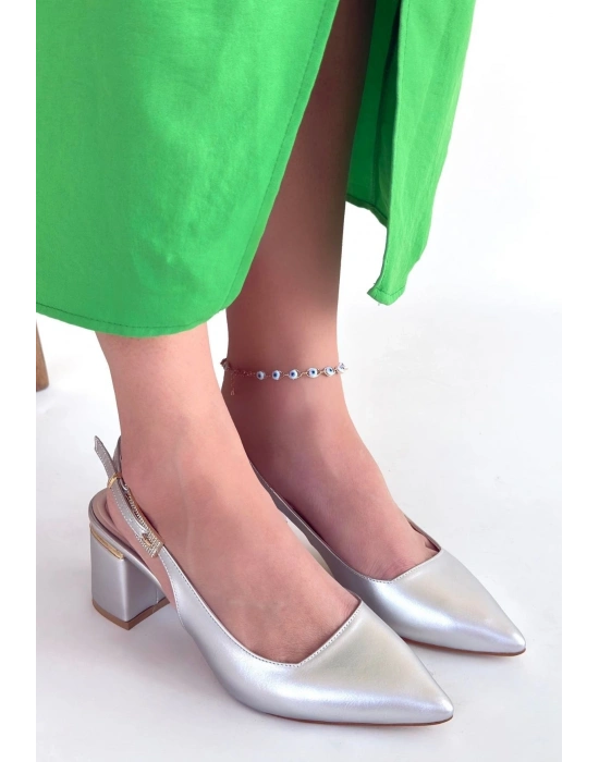 Buant Gümüş Cilt Topuklu Ayakkabı