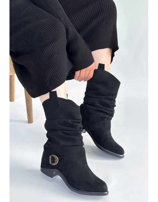 Canty Siyah Süet Körüklü Topuklu Çizme