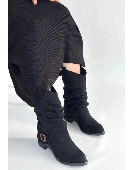 Canty Siyah Süet Körüklü Topuklu Çizme