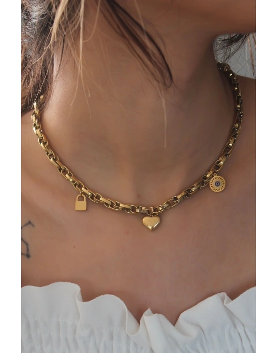 ÇOK SATAN Çelik Gold Renk Kalın Zincir Model Kalp Figür Kadın Kolye