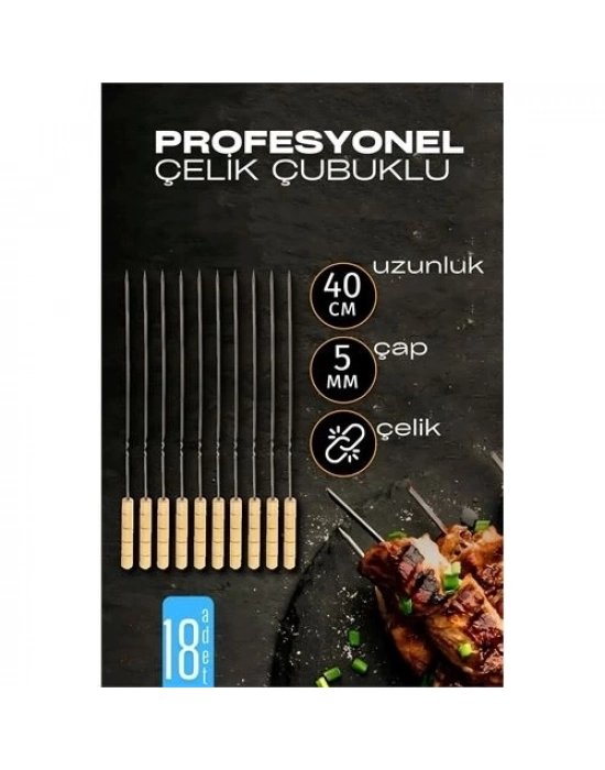 ÇOK SATAN Çelik Şiş Çubuğu - Mangal Şişi Ahşap Saplı Kebap Şişi  18 Adet