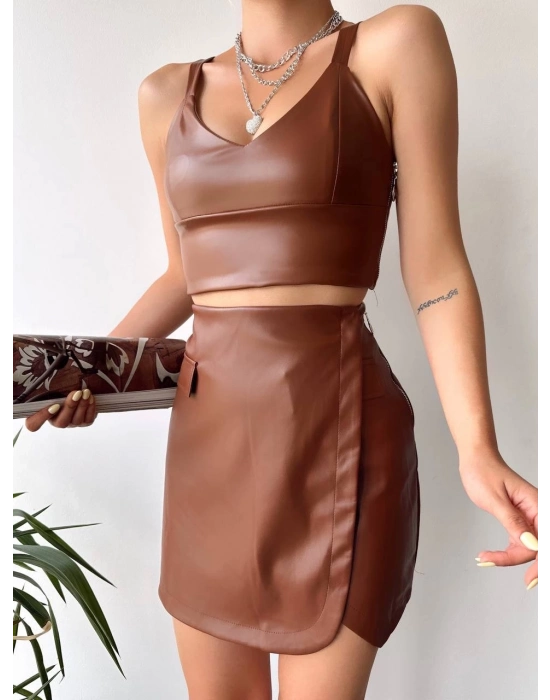 Cep detaylı oval kapaklı deri etek kahve h240048