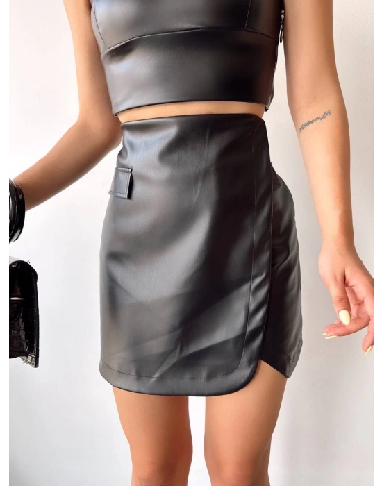 Cep detaylı oval kapaklı deri etek siyah h240048