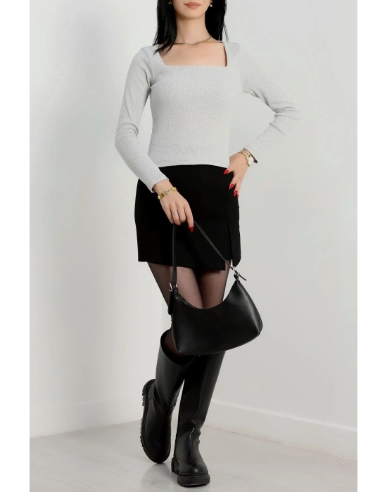 Çerçeve yaka kaşkorse bluz gri