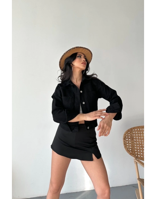 Çift cepli kol katlamalı süper taş enzim yıkamalı crop kot ceket siyah d2000