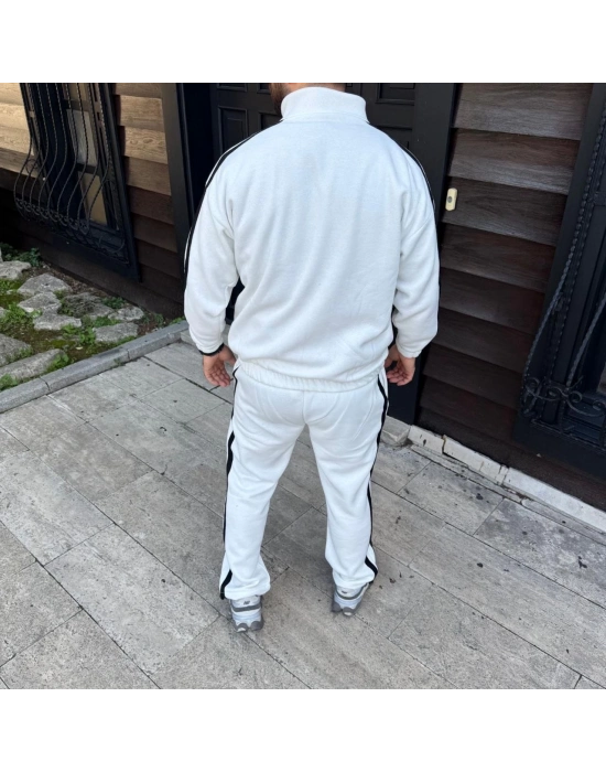 Çift Şeritli Eşofman Takım Dik Yaka Fermuarlı Sweatshirt Boru Paça Alt, Oversize 3 iplik Pamuklu - Beyaz