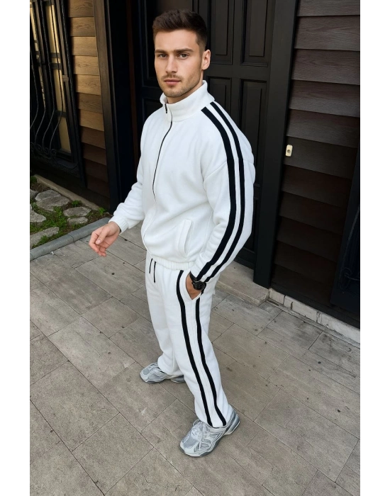 Çift Şeritli Eşofman Takım Dik Yaka Fermuarlı Sweatshirt Boru Paça Alt, Oversize 3 iplik Pamuklu - Beyaz