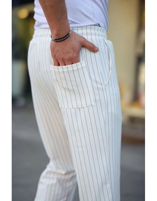 Cizgili Dokuma Krep Jogger Buggy Pantalon Rahat kalıp - Beyaz