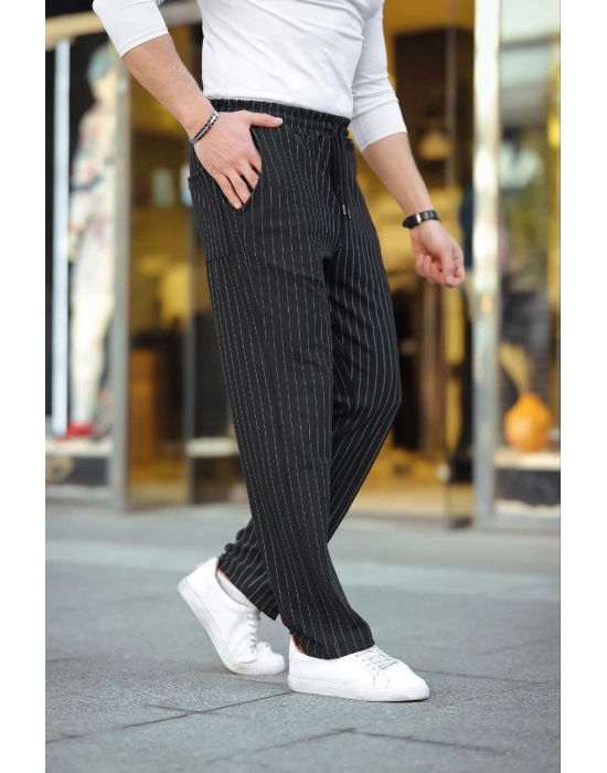 Cizgili Dokuma Krep Jogger Buggy Pantalon Rahat kalıp - Siyah