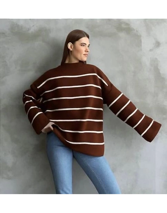 Çizgili ispanyol kol triko boğazlı kahve beyaz elf