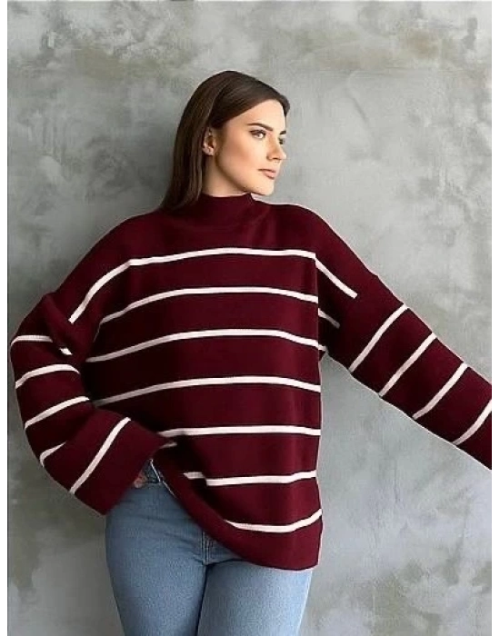 Çizgili ispanyol kol triko boğazlı kazak bordo elf