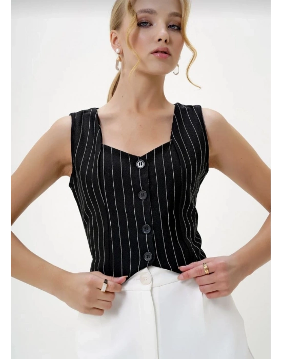 Çizgili krep düğmeli yelek siyah s3395