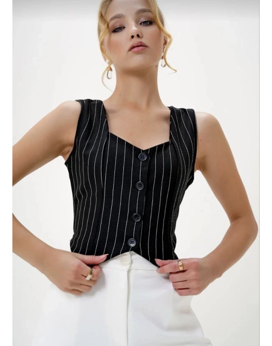 Çizgili krep düğmeli yelek siyah s3395