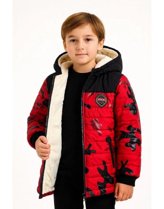 Kamuflaj Desenli Mont İçi Sıcak Tutan Pelüş Astarlı, Kapüşonlu, Fermuarlı Kışlık Su İtici Şişme Mont - Kırmızı