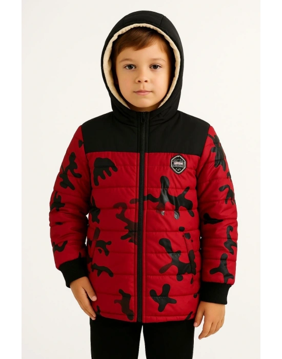 Kamuflaj Desenli Mont İçi Sıcak Tutan Pelüş Astarlı, Kapüşonlu, Fermuarlı Kışlık Su İtici Şişme Mont - Kırmızı