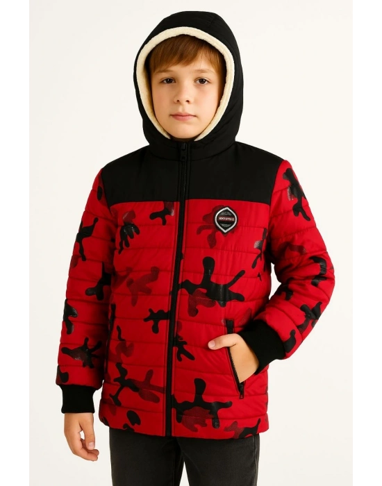 Kamuflaj Desenli Mont İçi Sıcak Tutan Pelüş Astarlı, Kapüşonlu, Fermuarlı Kışlık Su İtici Şişme Mont - Kırmızı