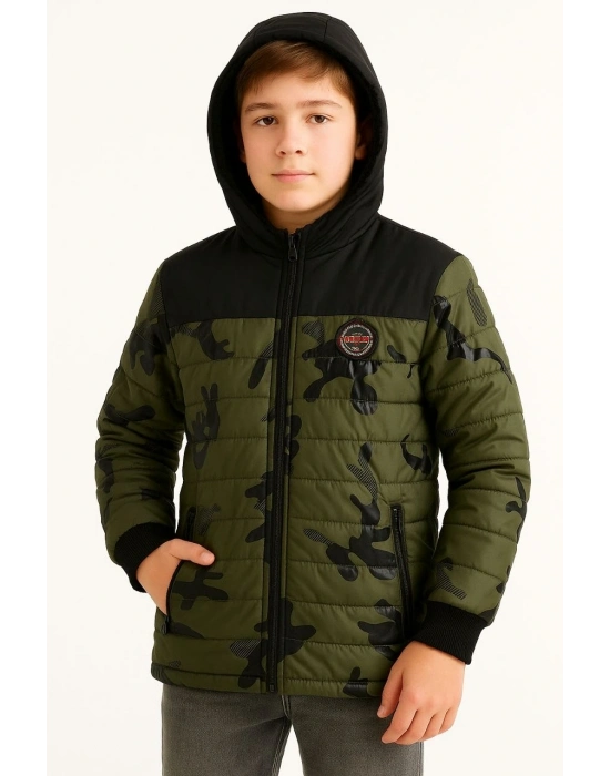 Kamuflaj Desenli Mont İçi Sıcak Tutan Pelüş Astarlı, Kapüşonlu, Fermuarlı Kışlık Su İtici Şişme Mont - Haki