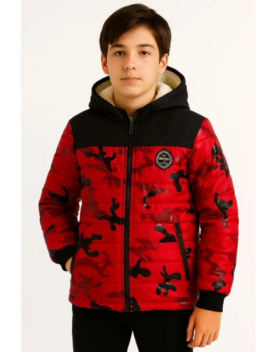 Kamuflaj Desenli Mont İçi Sıcak Tutan Pelüş Astarlı, Kapüşonlu, Fermuarlı Kışlık Su İtici Şişme Mont - Kırmızı