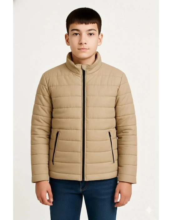 Şişme Mont Hafif ve Sıcak Tutucu Kışlık Fermuarlı Su İtici Rahat Günlük Mont Kapüşonuz  Modern Tasarım - Bej