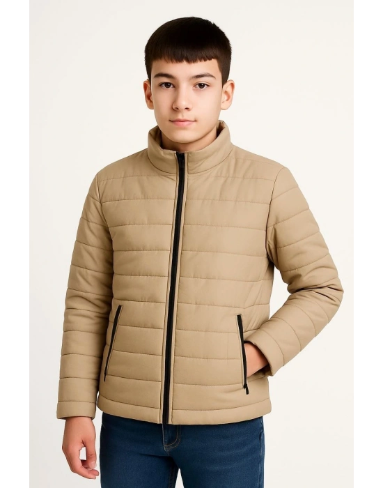 Şişme Mont Hafif ve Sıcak Tutucu Kışlık Fermuarlı Su İtici Rahat Günlük Mont Kapüşonuz  Modern Tasarım - Bej