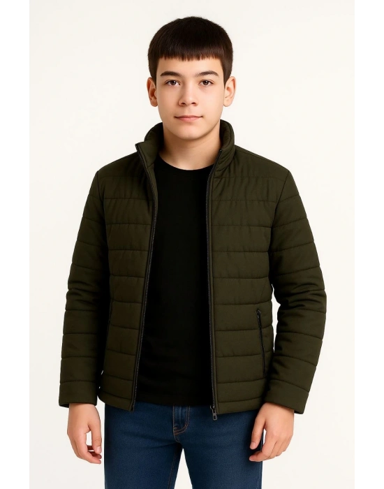 Şişme Mont Hafif ve Sıcak Tutucu Kışlık Fermuarlı Su İtici Rahat Günlük Mont Kapüşonuz Modern Tasarım- Haki