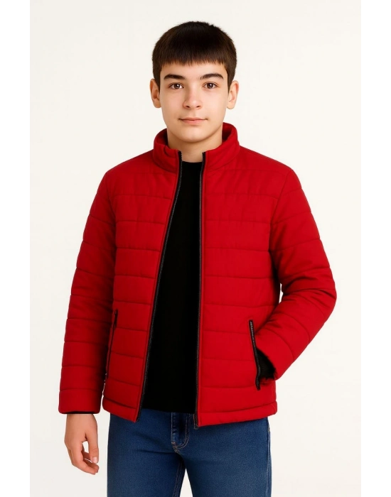 Şişme Mont Hafif ve Sıcak Tutucu Kışlık Fermuarlı Su İtici Rahat Günlük Mont Kapüşonuz Modern Tasarım - Kırmızı