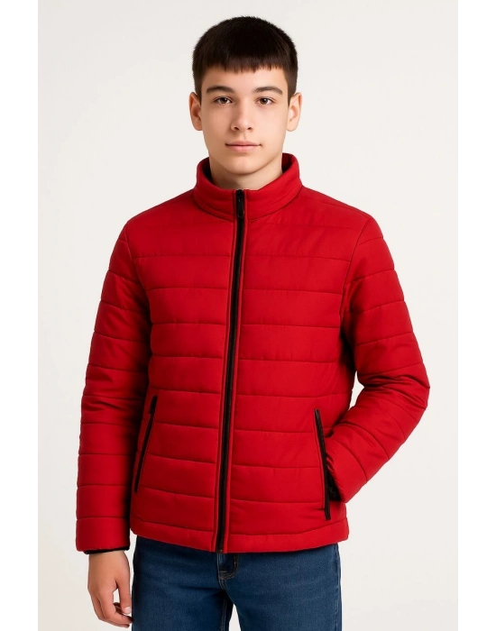 Şişme Mont Hafif ve Sıcak Tutucu Kışlık Fermuarlı Su İtici Rahat Günlük Mont Kapüşonuz Modern Tasarım - Kırmızı