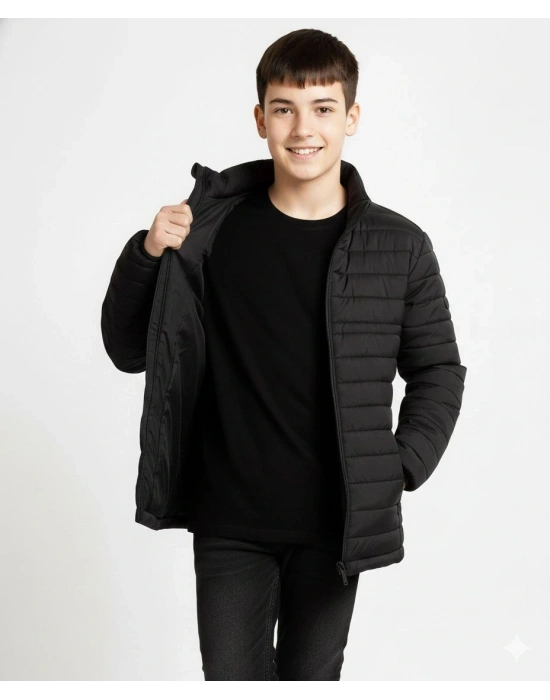 Şişme Mont Hafif ve Sıcak Tutucu Kışlık Fermuarlı Su İtici Rahat Günlük Mont Kapüşonuz Modern Tasarım - Siyah