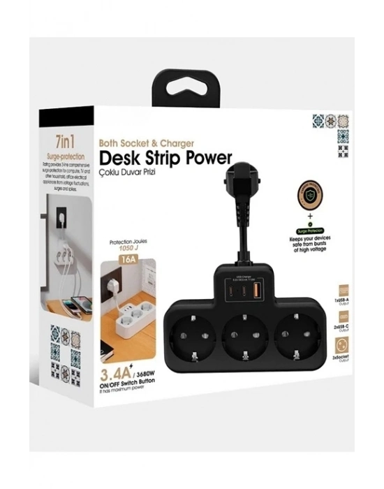 ÇOK SATAN Çoklu Kablolu Priz Yüksek Gerilim Korumalı 3’lü Priz 1x Usb 2x Type-c Çıkışlı Grup Priz Çoğaltıcı Siyah
