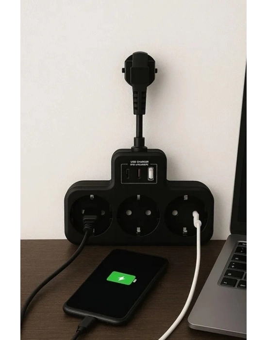 ÇOK SATAN Çoklu Kablolu Priz Yüksek Gerilim Korumalı 3’lü Priz 1x Usb 2x Type-c Çıkışlı Grup Priz Çoğaltıcı Siyah