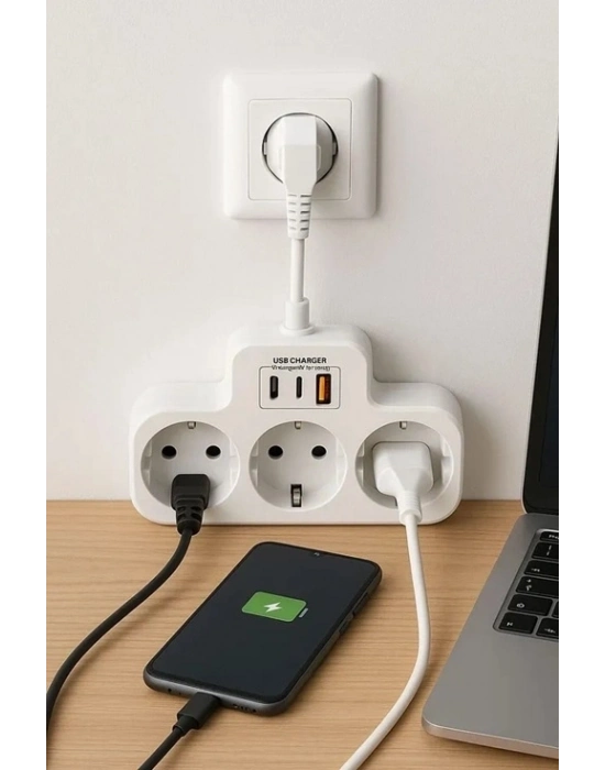 ÇOK SATAN Çoklu Kablolu Priz Yüksek Gerilim Korumalı 3’lü Priz 1x Usb 2x Type-c Çıkışlı Grup Priz Çoğaltıcı Siyah