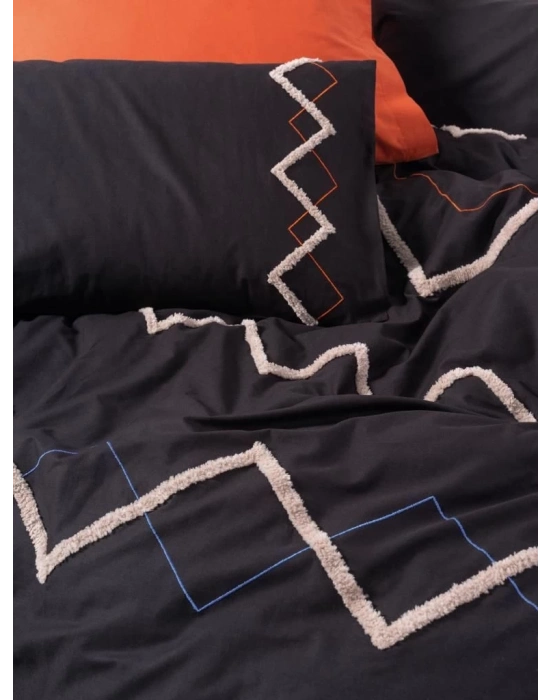 ÇOK SATAN Cotton Box Puf Nakışlı Ranforce Çift Kişilik Nevresim Takımı Mirely Siyah Kiremit