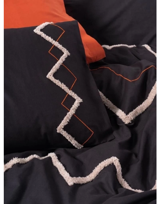 ÇOK SATAN Cotton Box Puf Nakışlı Ranforce Çift Kişilik Nevresim Takımı Mirely Siyah Kiremit
