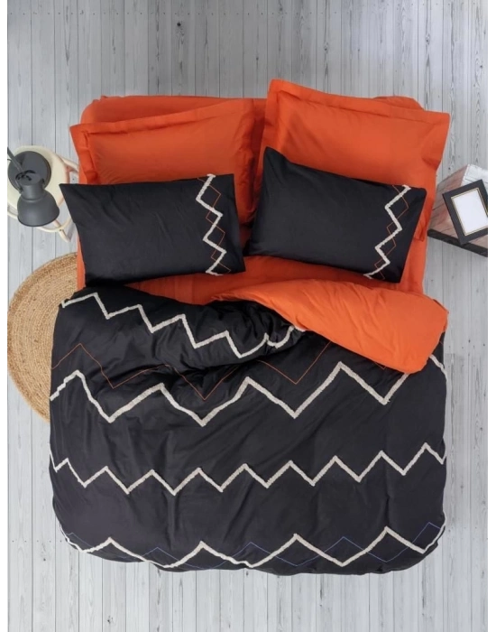 ÇOK SATAN Cotton Box Puf Nakışlı Ranforce Çift Kişilik Nevresim Takımı Mirely Siyah Kiremit