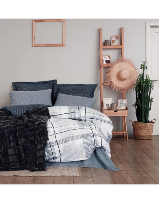 ÇOK SATAN Cotton Box Trim Çift Kişilik Battaniyeli Nevresim Takımı Smooth Siyah