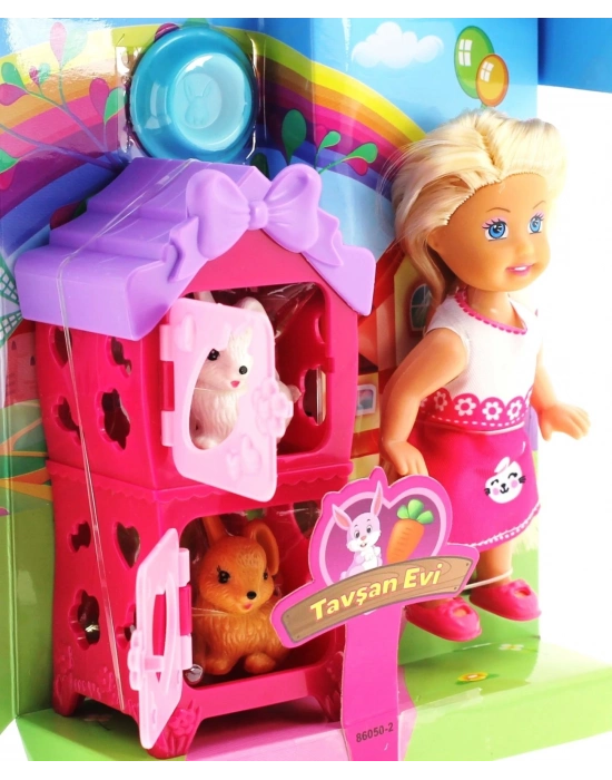 ÇOK SATAN Cute Doll Mini Bebek Tavşanlı ve İki Katlı Kulübe Oyun Seti