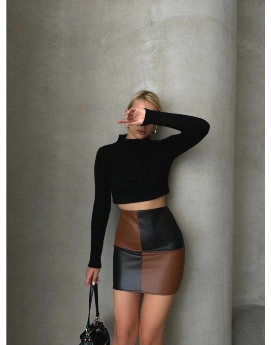 Damalı deri etek siyah kahve w24648